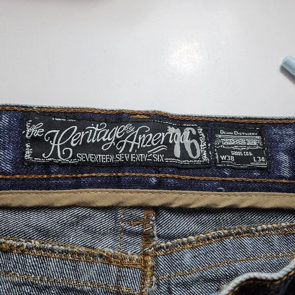 Heritage by America blue denim gold paint splatter NWT Denim Distillery 38X34 - Picture 7 of 11